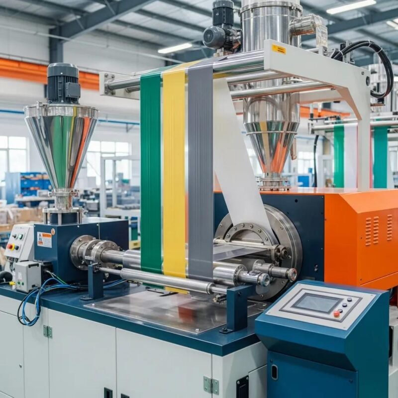 3 layer co-extrusion blown film machine in operation, illustrating polymer layers being extruded