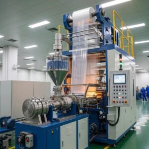 High-density polyethylene blown film machine in operation, illustrating advanced manufacturing technology