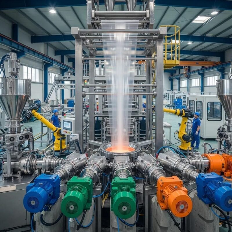 Modern 5 layer blown film extrusion line in a factory setting