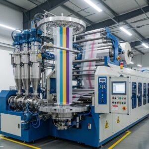 Modern multi-layer co-extrusion blown film machine in operation, showcasing advanced technology and production efficiency