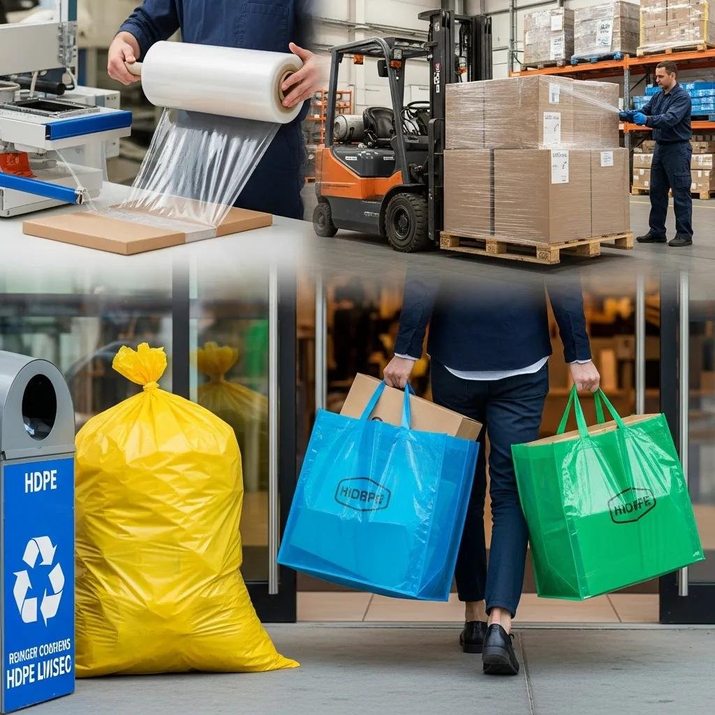 Various applications of HDPE films including retail bags and industrial packaging, demonstrating versatility and strength