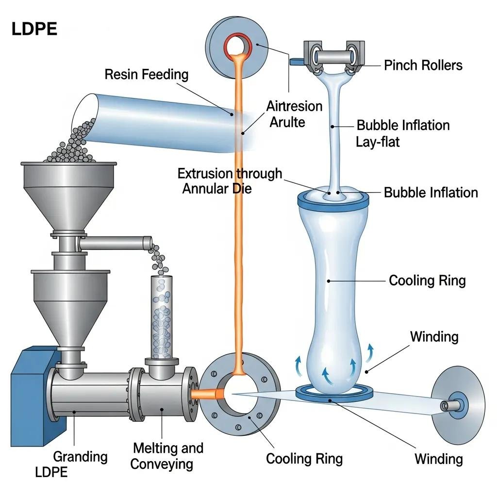 Visual representation of the LDPE blown film extrusion process steps