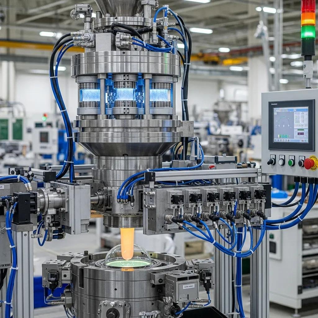 Advanced die head technologies in a manufacturing setting, highlighting innovations in blown film production