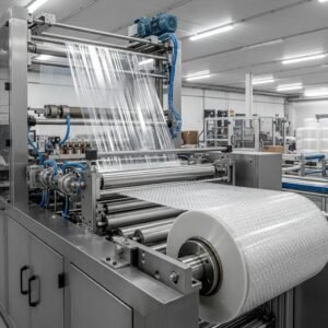 Air bubble film making machine producing bubble wrap in a packaging facility