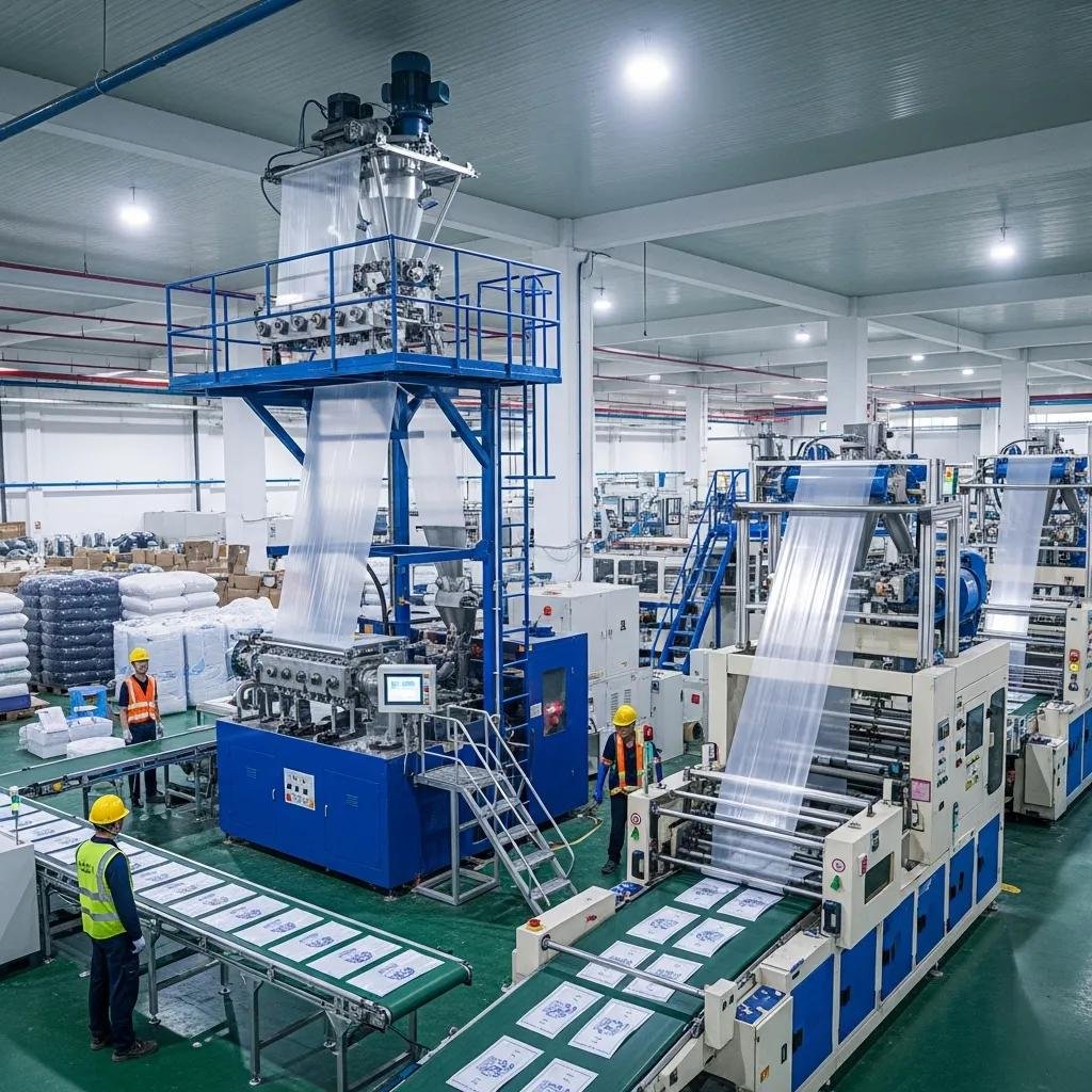 Blown film extrusion and bag making machines in a plastic bag factory
