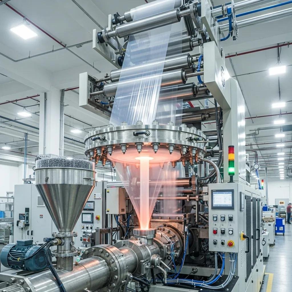 Blown film extrusion machine in operation, illustrating advanced technology in plastic film production