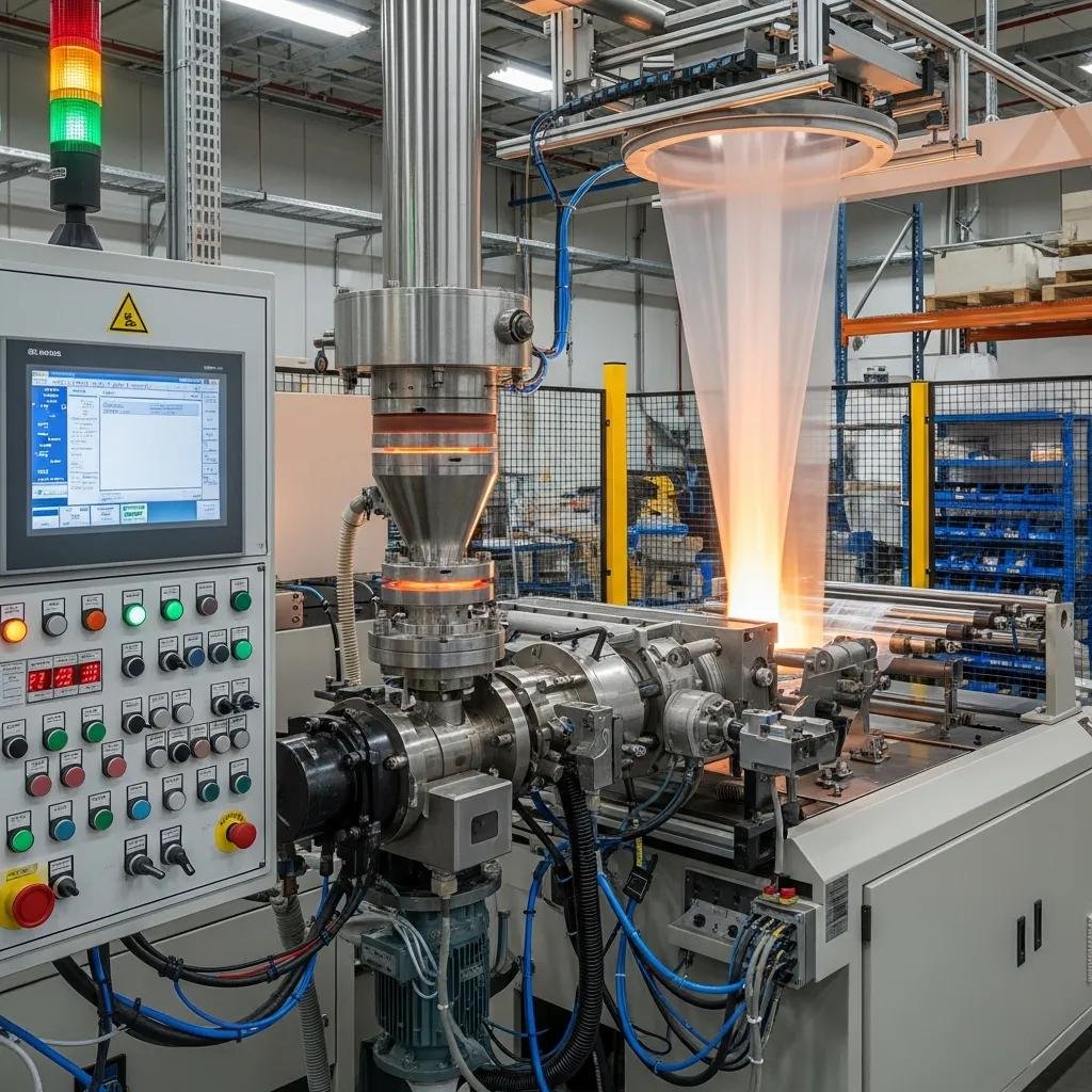 Blown film extrusion machine in operation producing plastic film