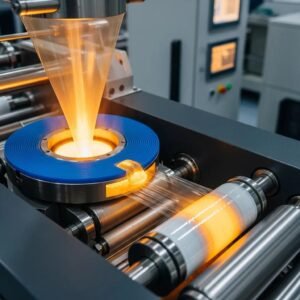 Blown film extrusion machine producing plastic film, highlighting the manufacturing process