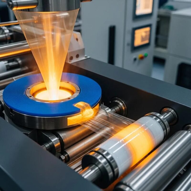 Blown film extrusion machine producing plastic film, highlighting the manufacturing process