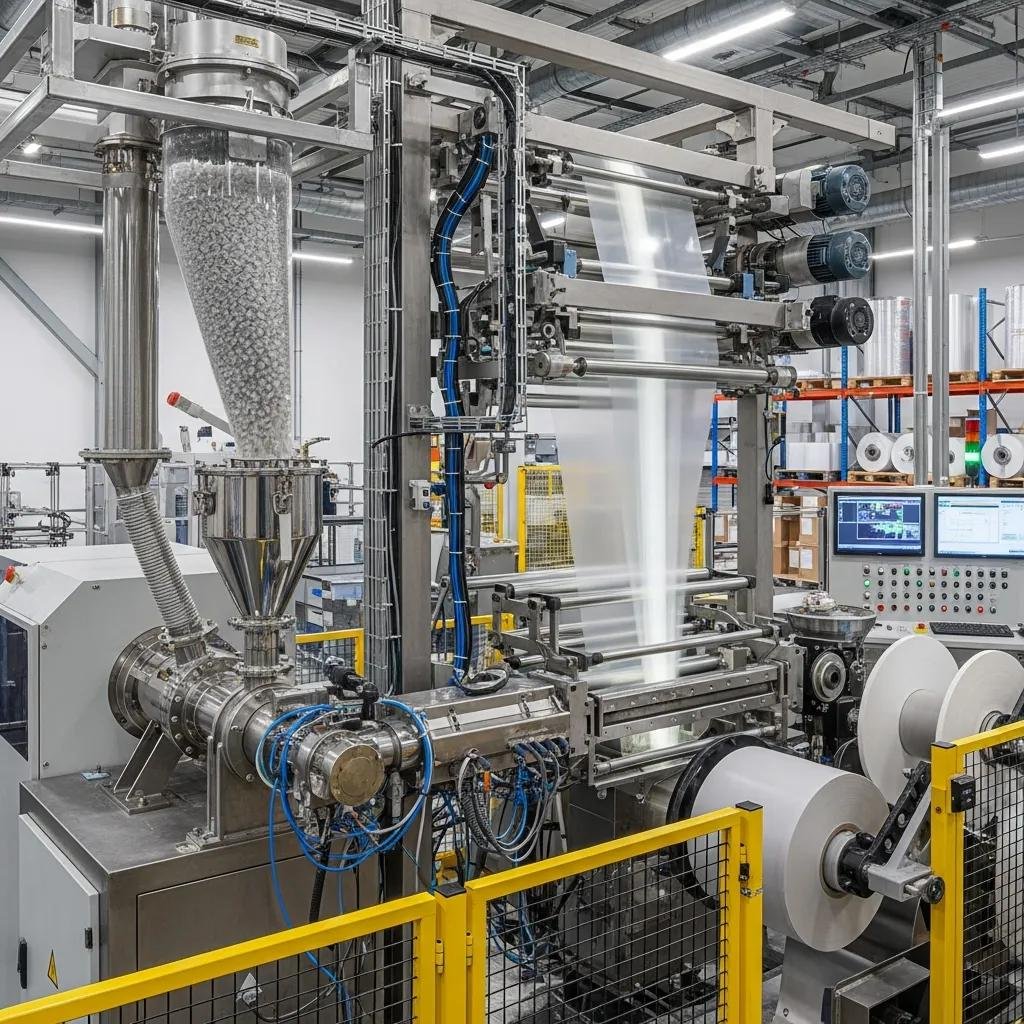 Blown film extrusion machine producing plastic film in a manufacturing setting