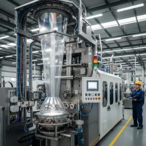 Blown film extrusion machine producing plastic films with visible bubble formation