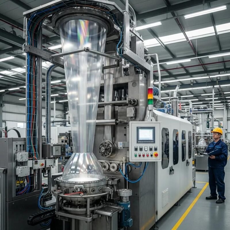 Blown film extrusion machine producing plastic films with visible bubble formation