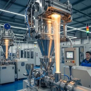 Blown film machine die head in operation, highlighting advanced manufacturing technology