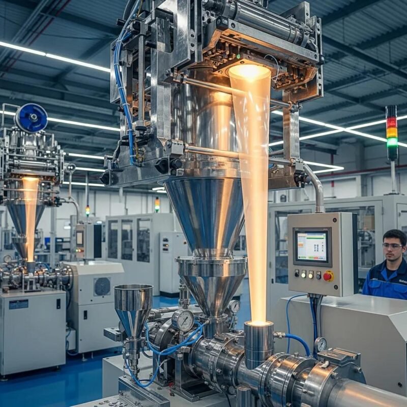 Blown film machine die head in operation, highlighting advanced manufacturing technology