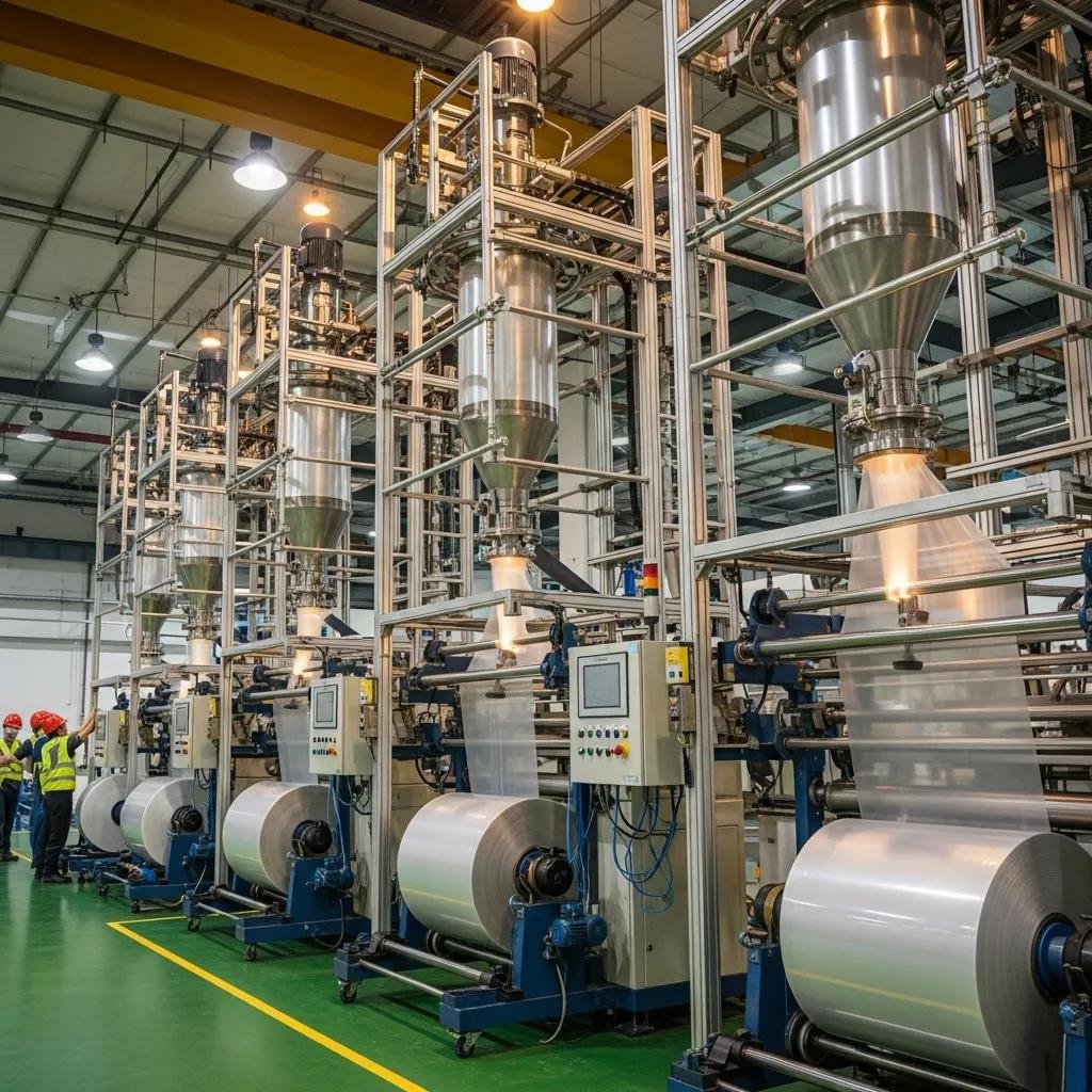 Blown film machines in operation on a production line