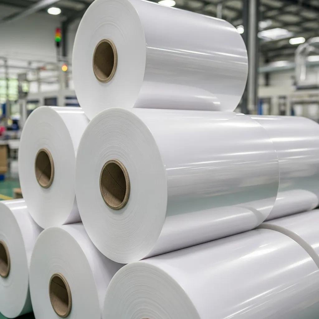 BOPP film rolls in a packaging facility, highlighting transparency and durability for bag making