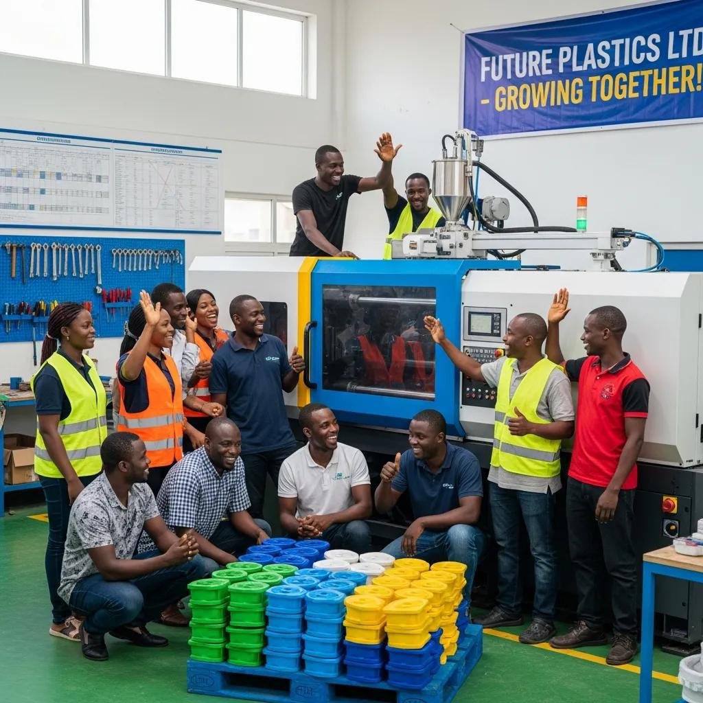 Celebrating team in a Nigerian plastic manufacturing workshop, highlighting success stories of machine financing