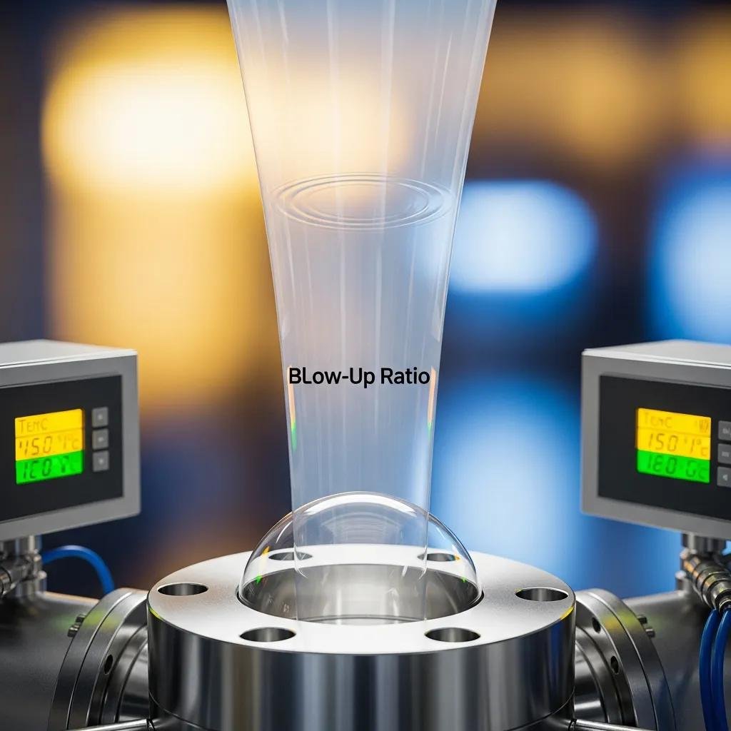 Close-up of film bubble illustrating blow-up ratio in blown film production