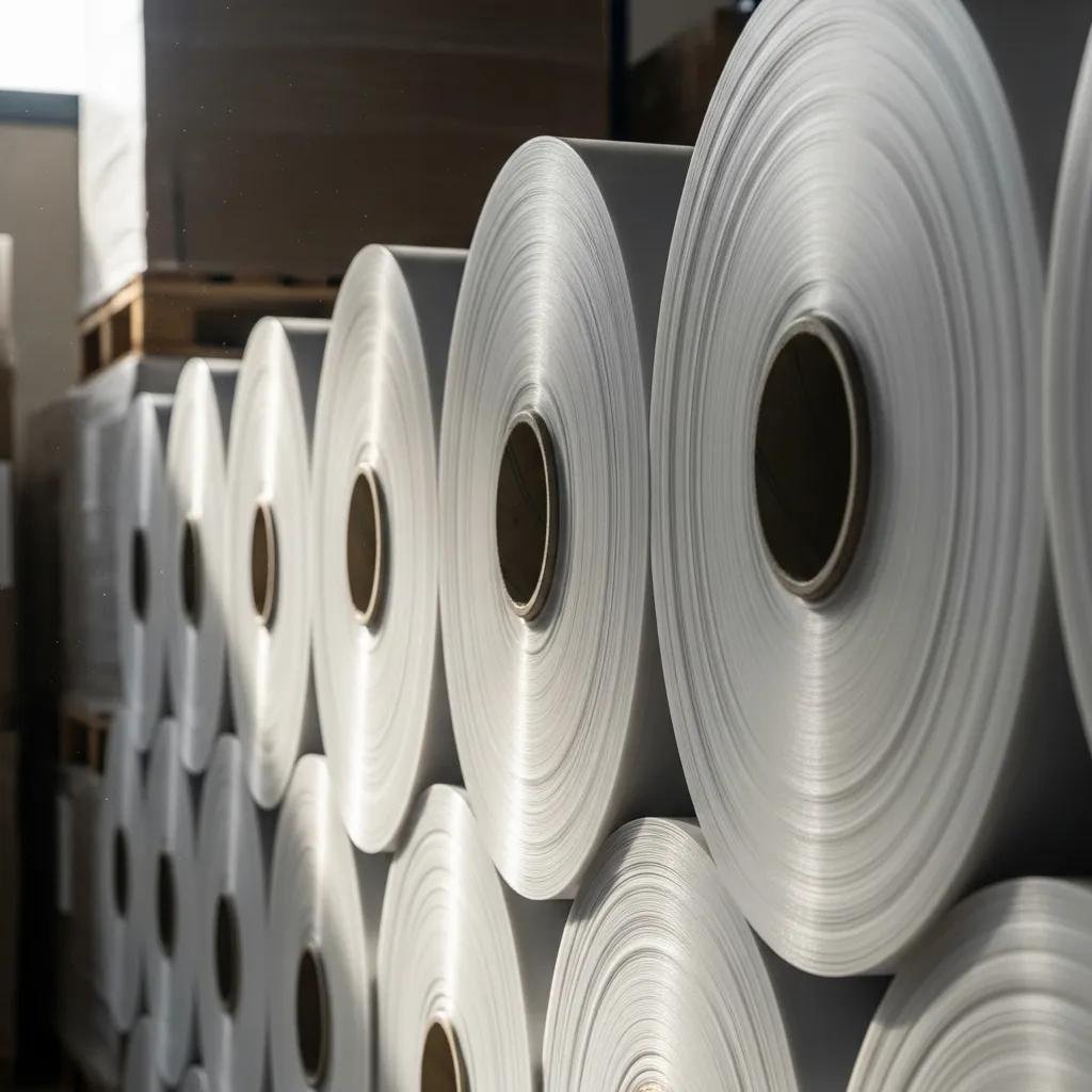 Close-up of HDPE film rolls showcasing texture and thickness in a warehouse