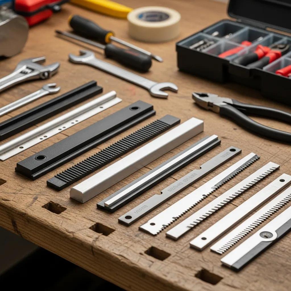 Common replacement components for plastic bag making machines including sealing bars and cutting blades on a workbench