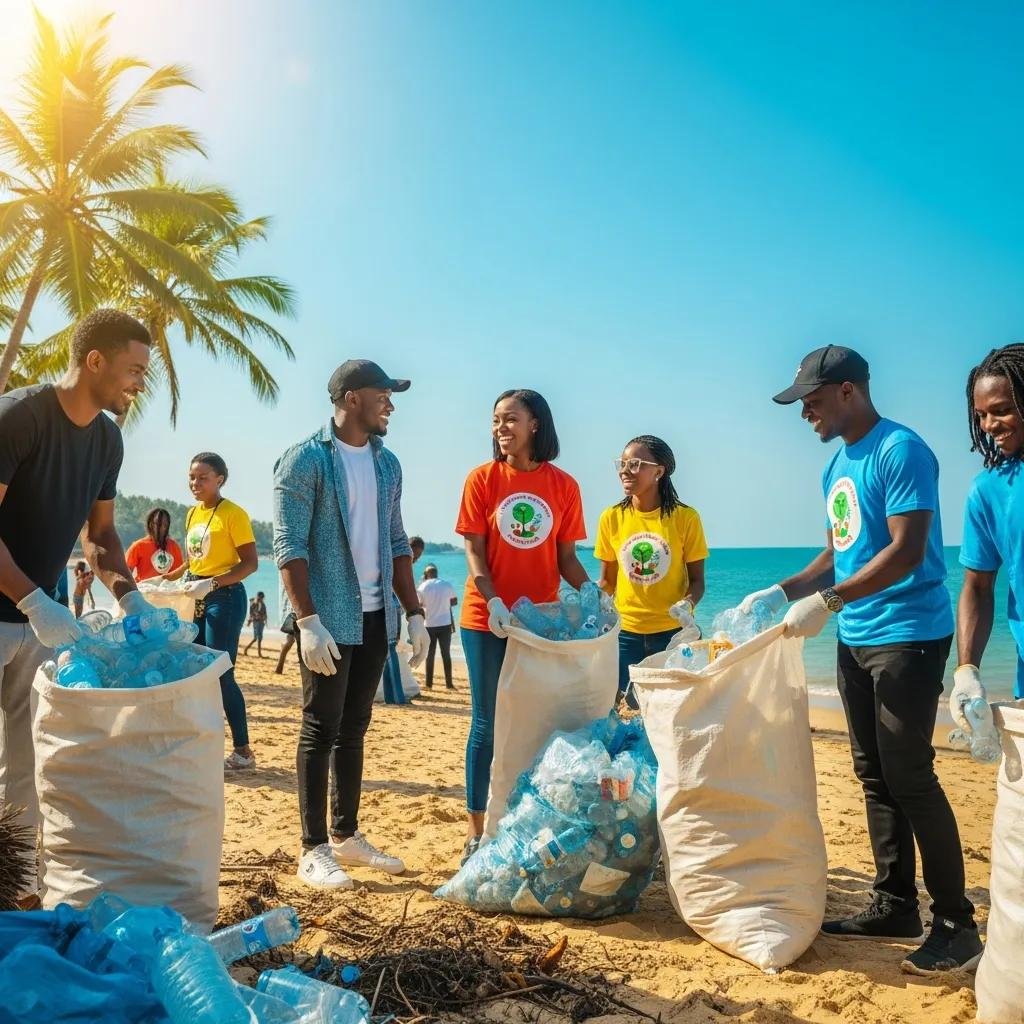 Community cleanup event in Nigeria with volunteers collecting plastic waste