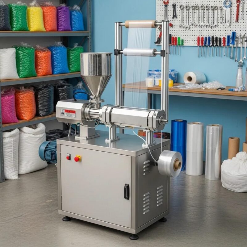 Compact mini blown film extruder in a small-scale production workshop in Nigeria