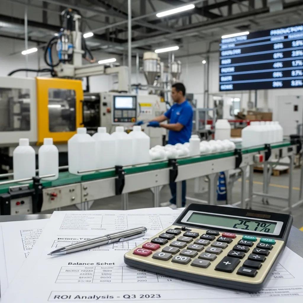 Conceptual image of ROI calculation in plastic manufacturing with calculator and financial documents