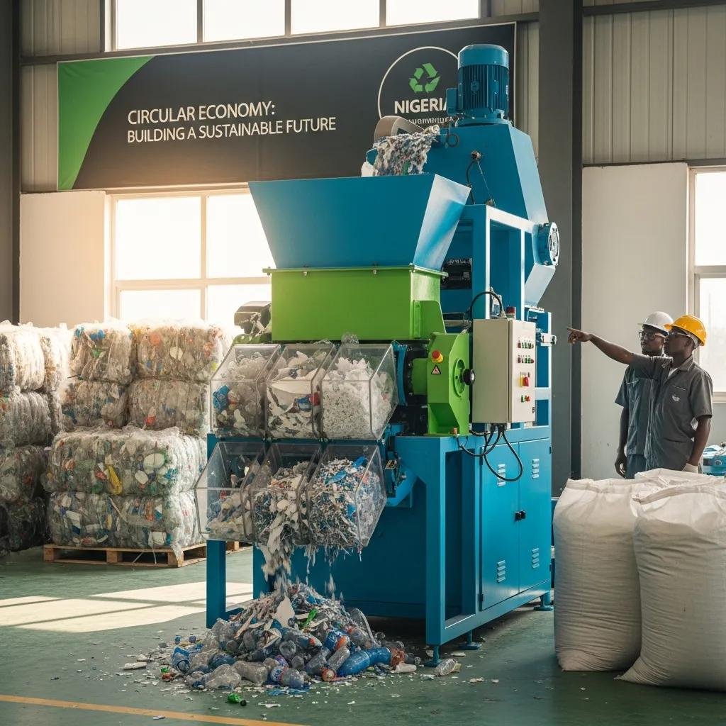 Custom plastic recycling machine processing waste in Nigeria, emphasizing sustainable manufacturing solutions