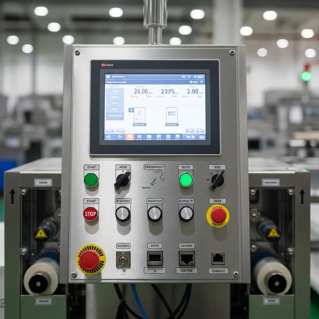 Detailed view of an automatic bottom sealing machine's control panel, emphasizing advanced technology and usability