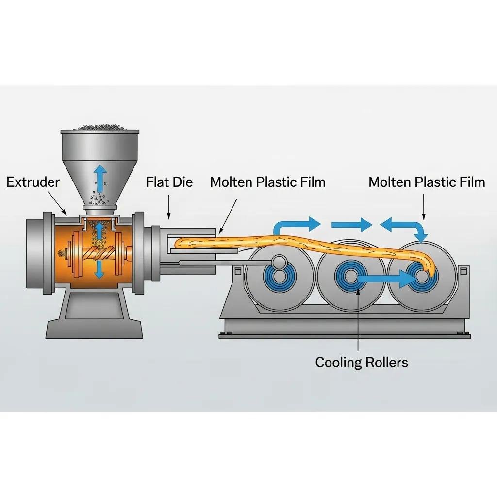 Detailed view of the cast extrusion process in stretch film production, highlighting machine components