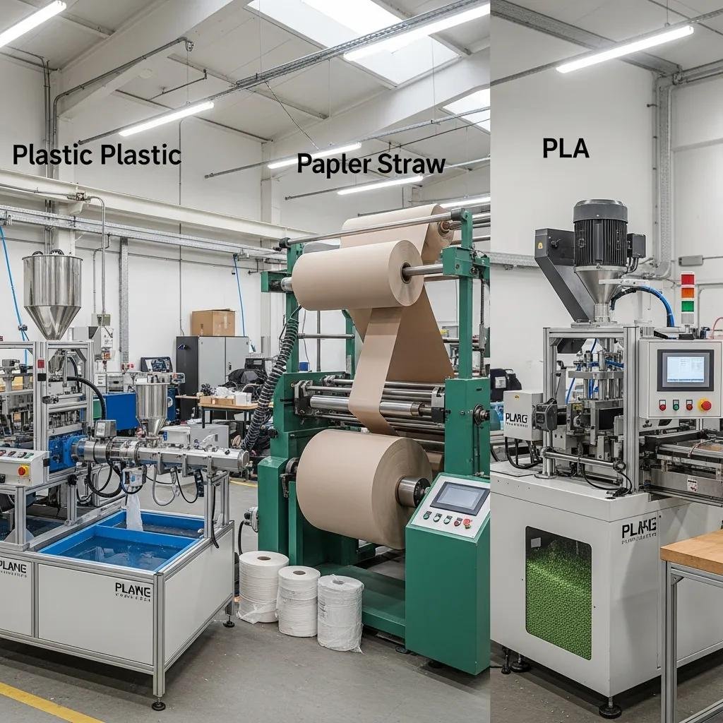 Different types of drinking straw making machines: plastic, paper, and PLA