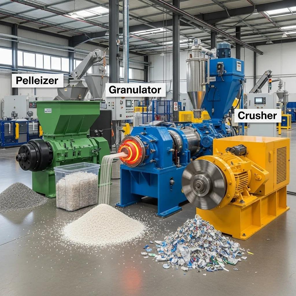 Different types of plastic film recycling machines including pelletizer, granulator, and crusher