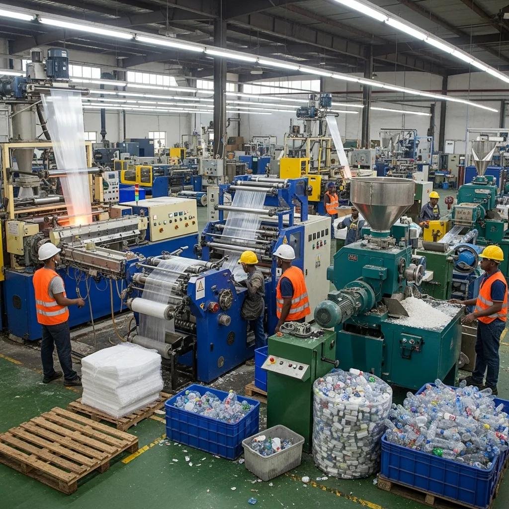 Different types of plastic machines in operation, showcasing their functions in manufacturing