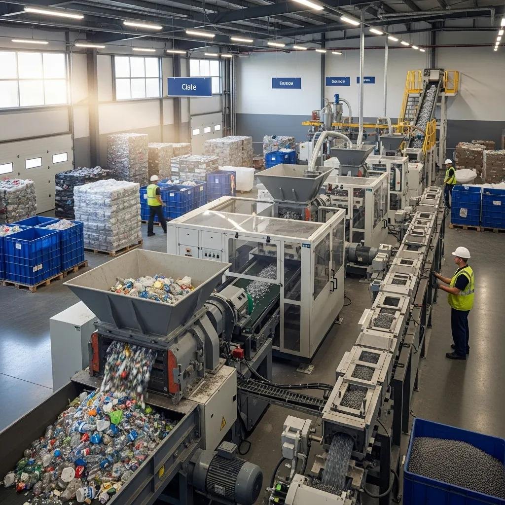 Different types of plastic recycling machines in a recycling facility