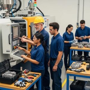 Diverse group engaged in plastic machine operator training, highlighting teamwork and skill development