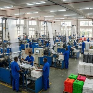 Diverse plastic machinery in a Nigerian manufacturing setting, highlighting the industry