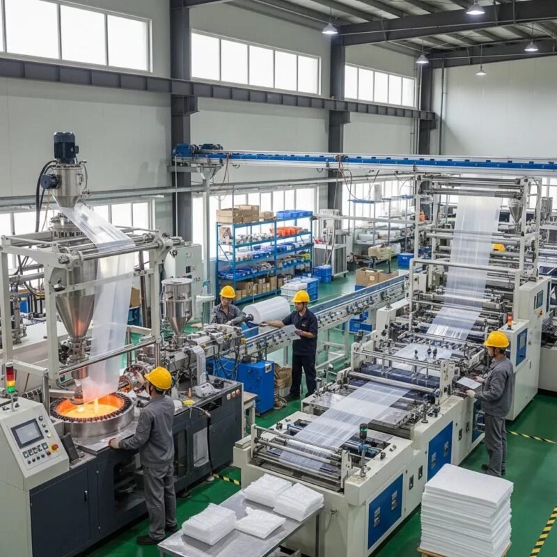 Diverse plastic manufacturing machines in a modern factory, highlighting blown film extrusion and bag making equipment