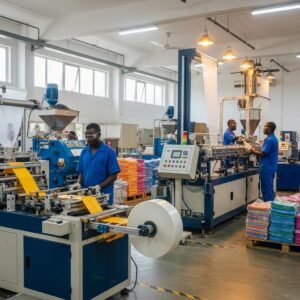 Diverse plastic manufacturing machines in a Nigerian factory, highlighting efficiency and technology
