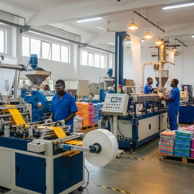 Diverse plastic manufacturing machines in a Nigerian factory, highlighting efficiency and technology