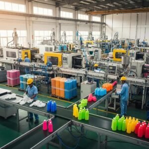 Dynamic factory scene in Nigeria's plastic industry highlighting modern machinery and production