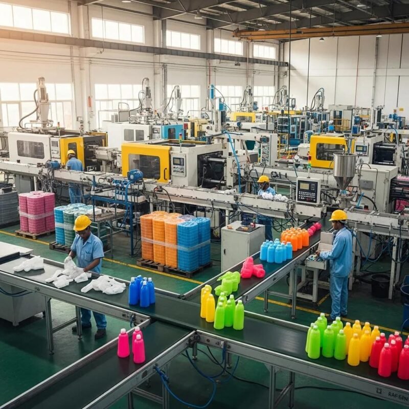 Dynamic factory scene in Nigeria's plastic industry highlighting modern machinery and production