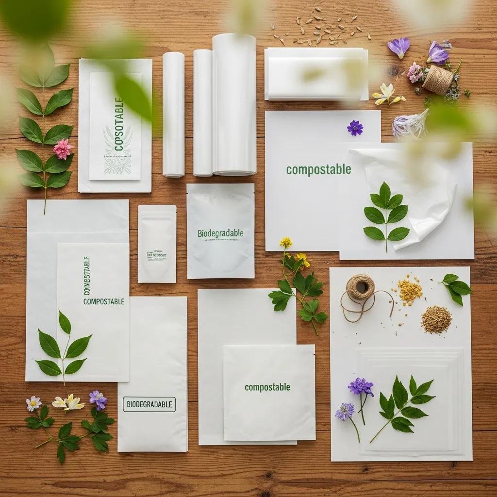Eco-friendly packaging options including compostable bags and biodegradable films on a wooden table
