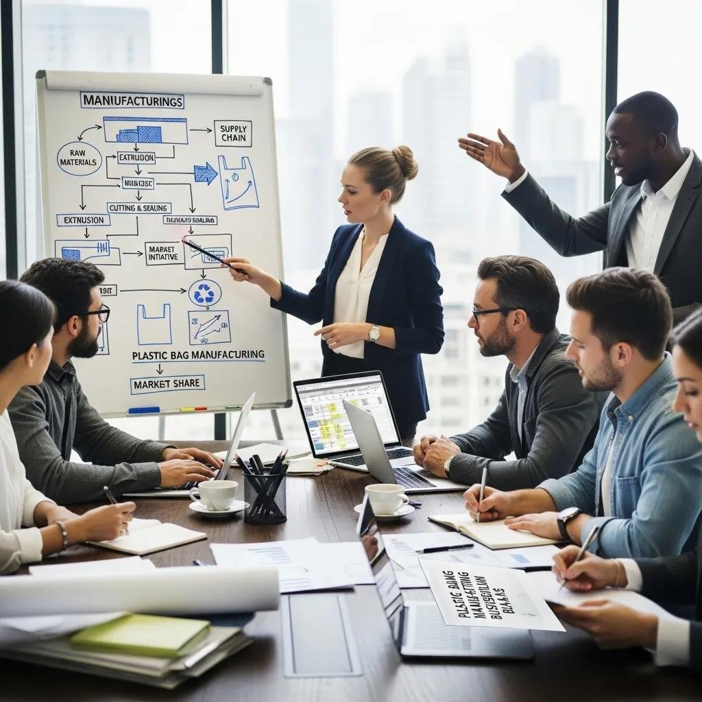 Entrepreneurs discussing a business plan for plastic bag manufacturing in a meeting setting