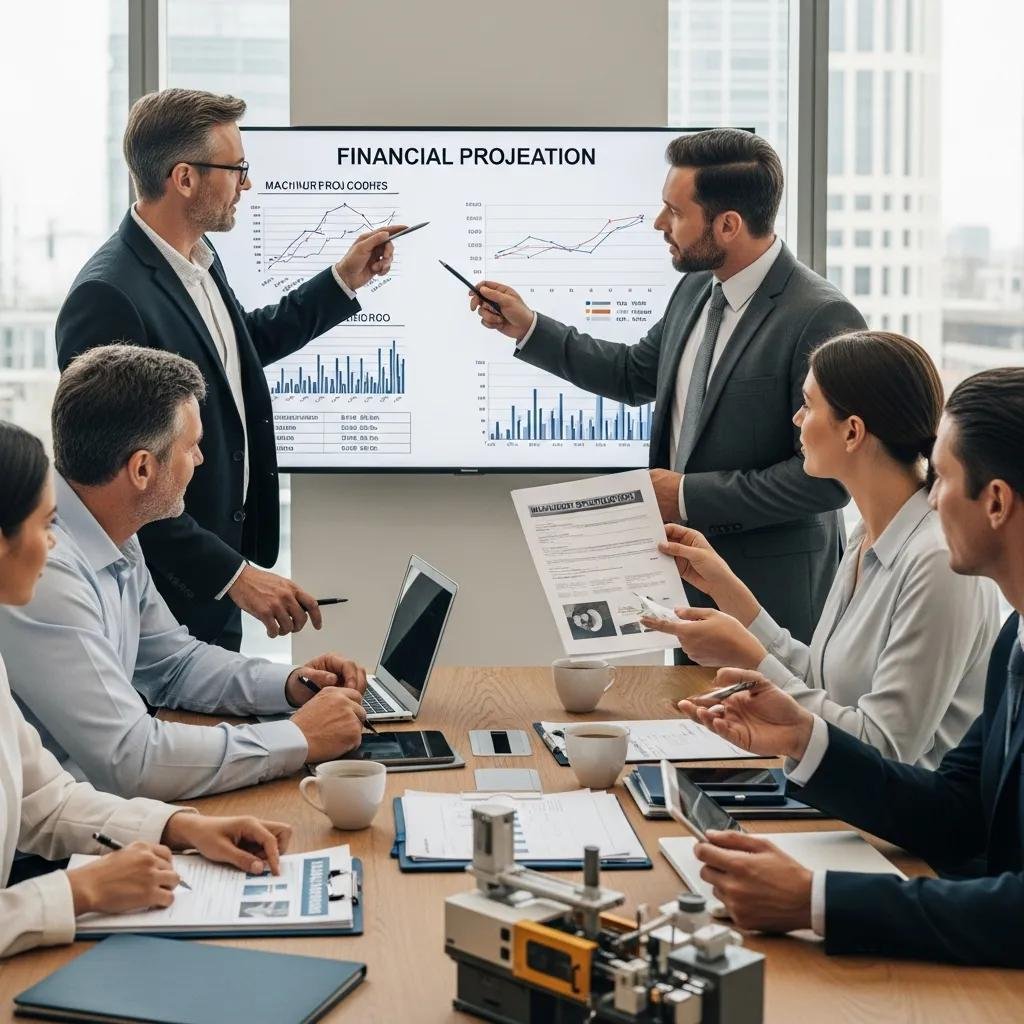 Entrepreneurs discussing financing options for importing plastic machinery in a business meeting