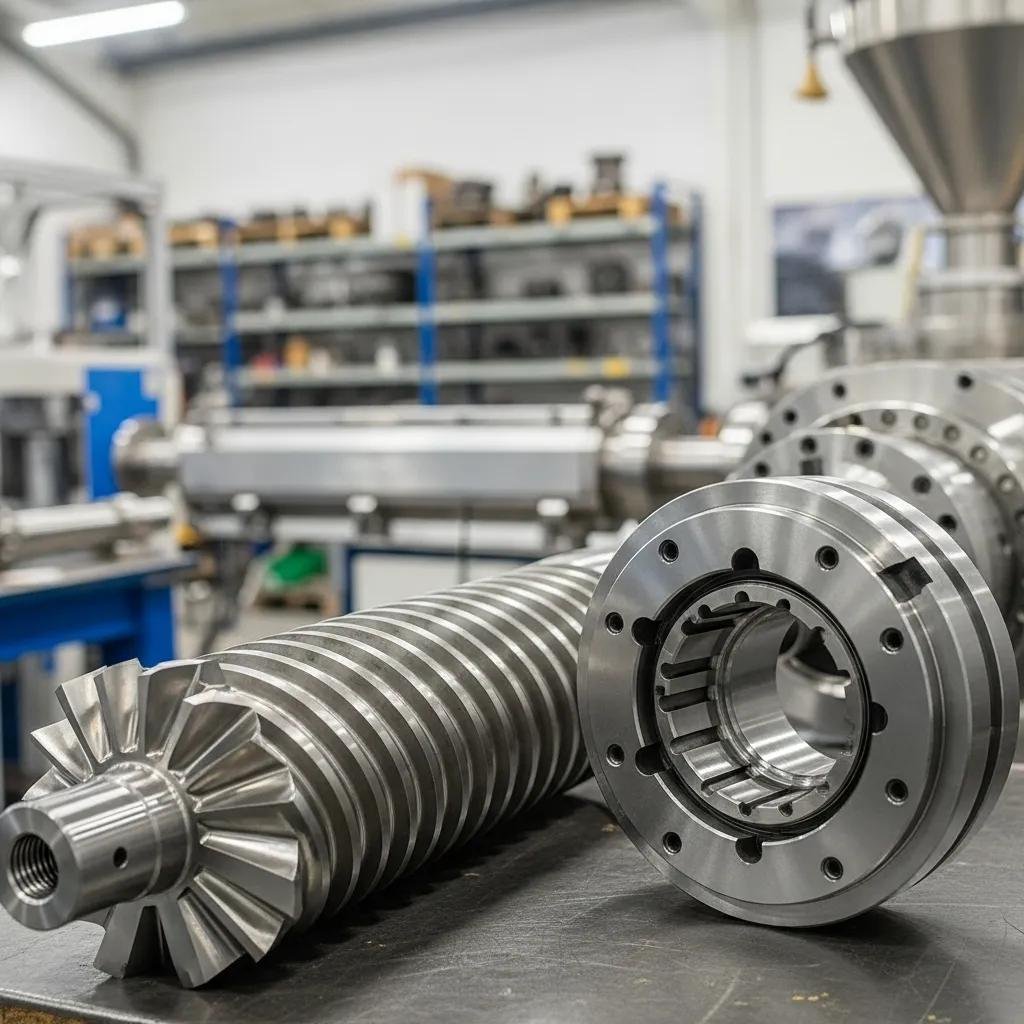 Essential components for blown film extrusion machines including die heads and extruder screws in a workshop setting