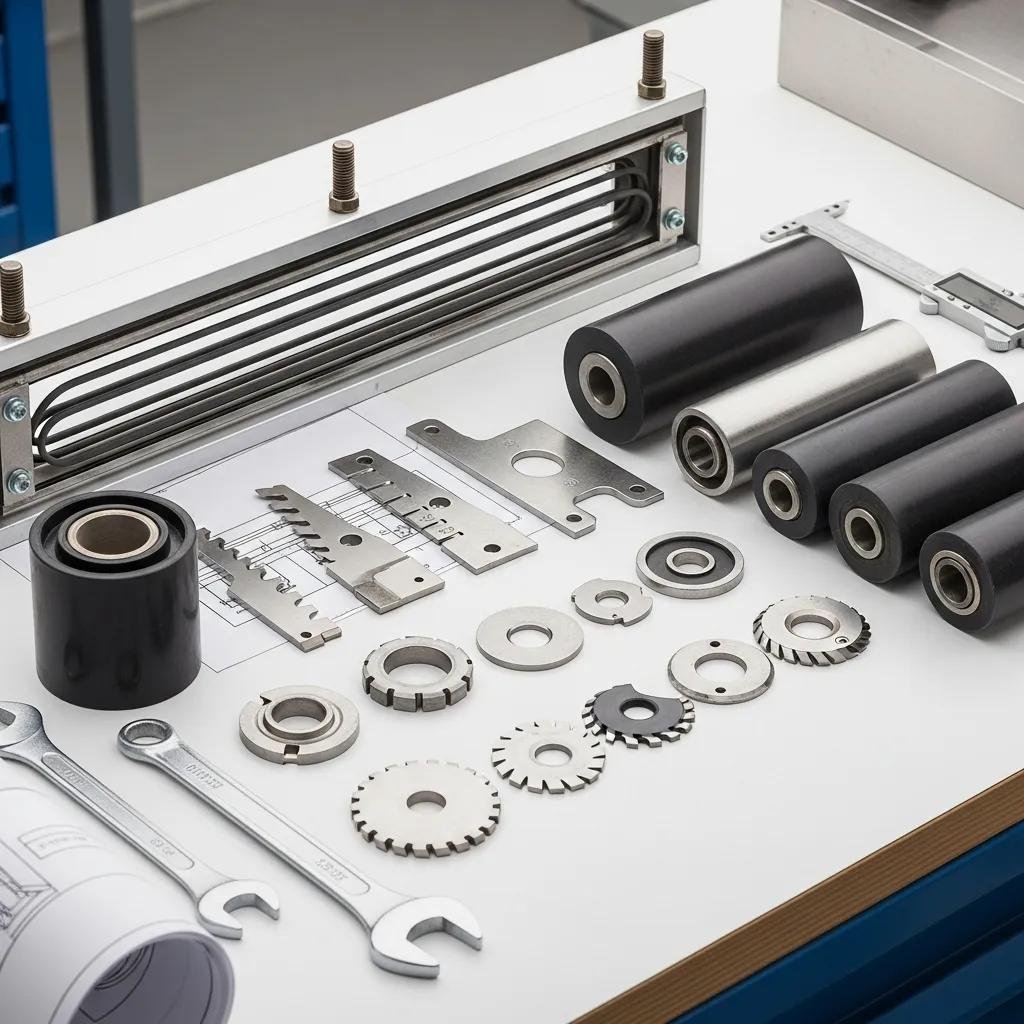 Essential plastic machine spare parts including sealing bars and cutting blades, emphasizing their importance in manufacturing