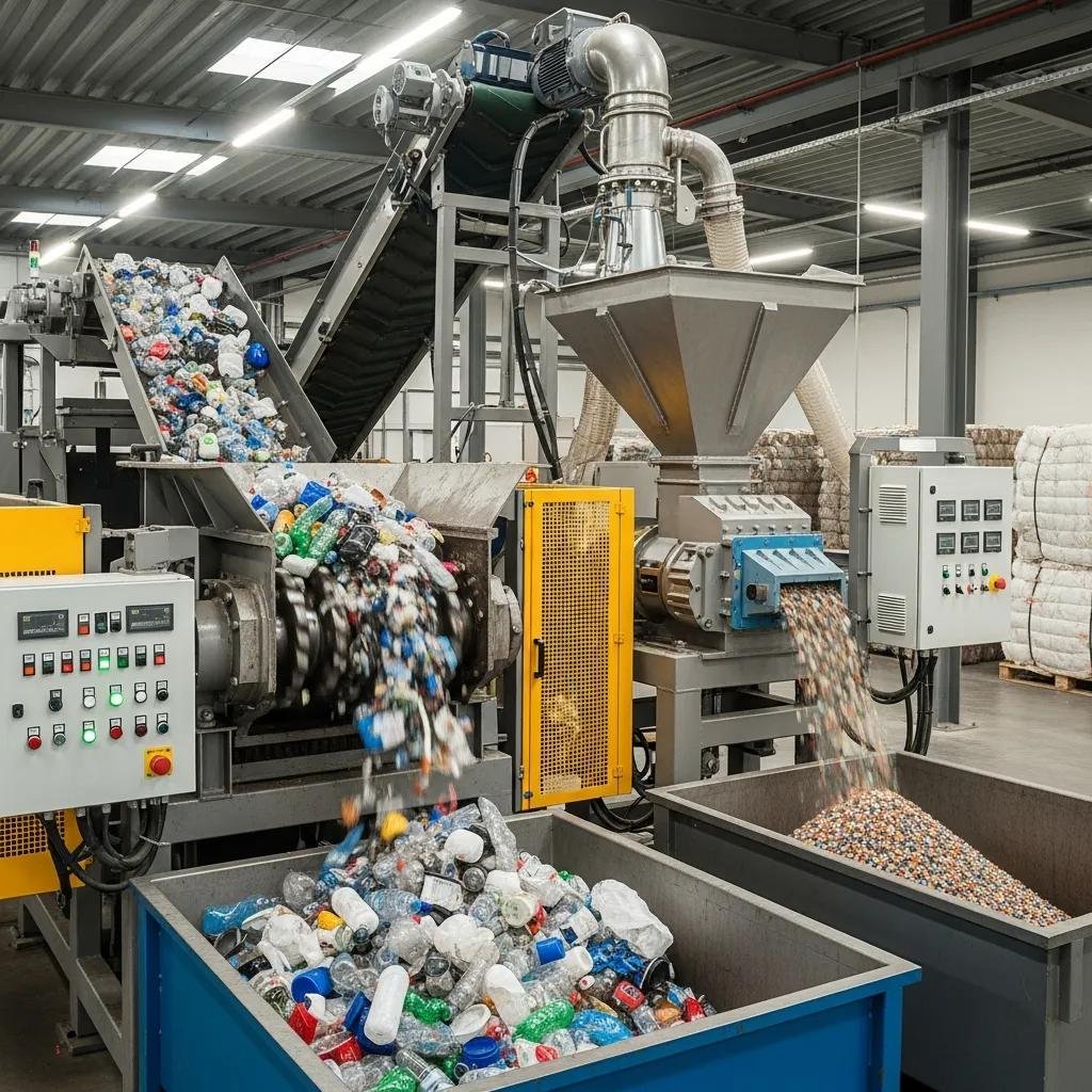 Essential plastic recycling machinery including a crusher and granulator in action