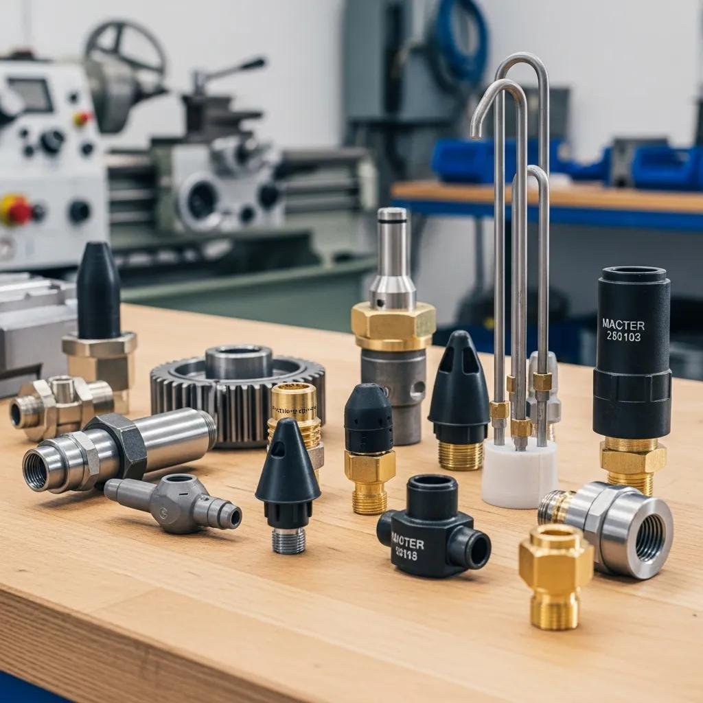 Genuine spare parts for plastic machinery on a workbench