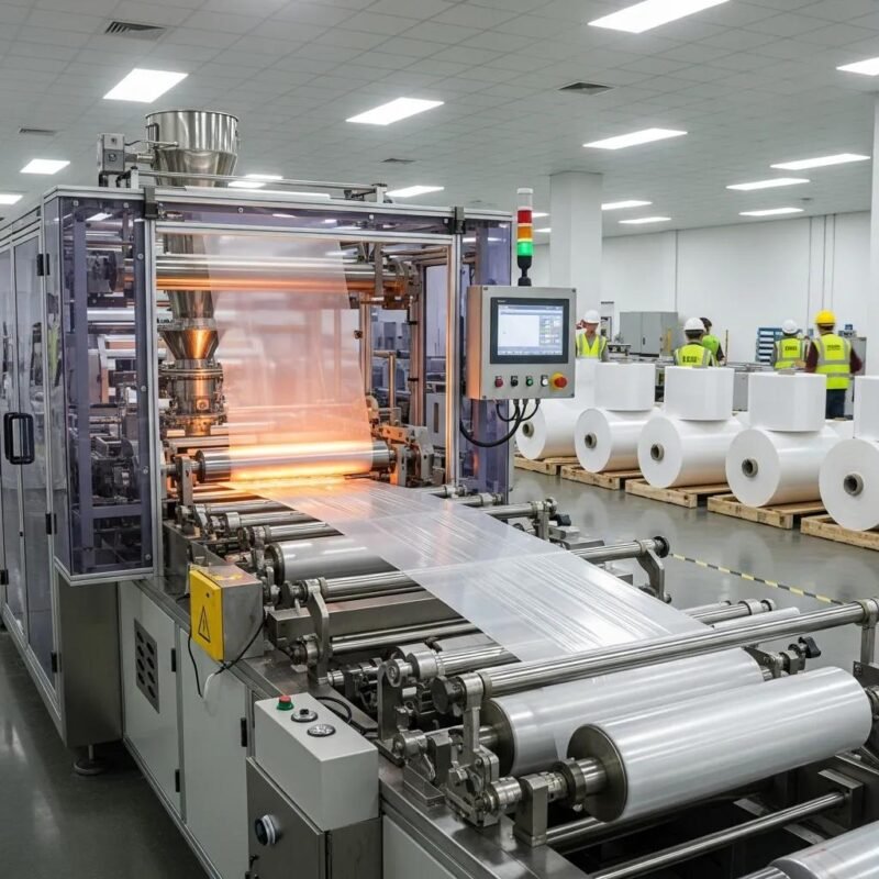 High-performance cast stretch film machine in action, illustrating industrial production capabilities