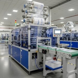 High-speed bottom sealing bag making machine in action, highlighting modern plastic bag production technology